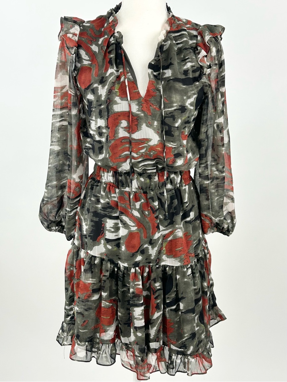 Willa Story Ruffle Tiered Mini Dress XS Abstract Print Long Sleeve USA